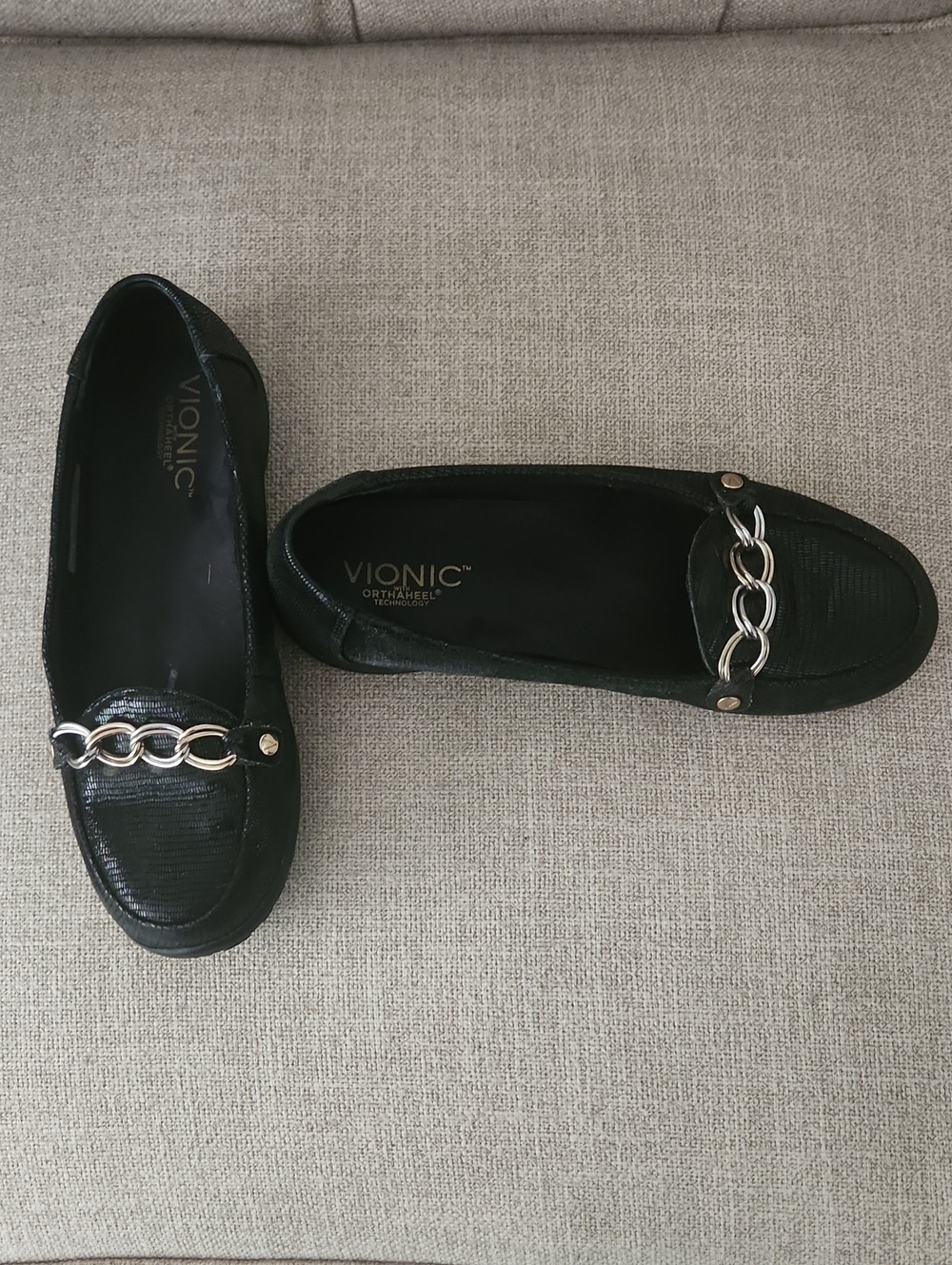 Vionic Black Loafers with Silver Chain Accent